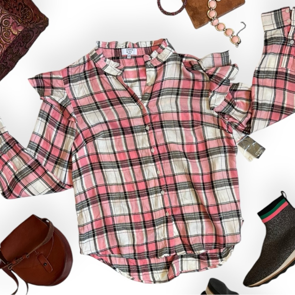 🌸NWOT Charming Crown & Ivy Pink Coral Country Roads Plaid Button Down Sz PM